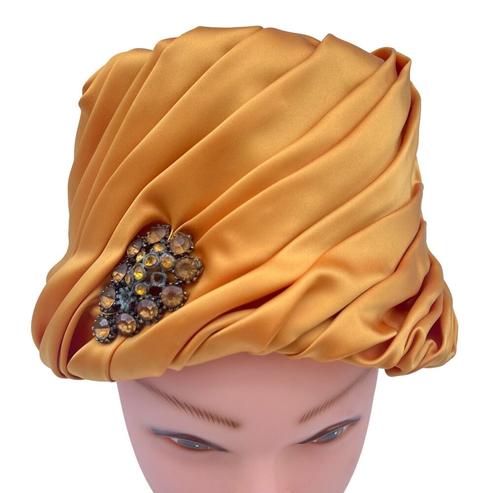 Eva Mae Modes Hat Headpiece Vtg 60s Pleated Satin Gold Box Style Formal Brooch